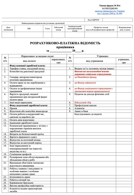 відомість нарахування заробітної плати