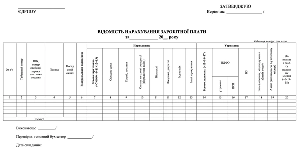 відомість нарахування зарплати бланк