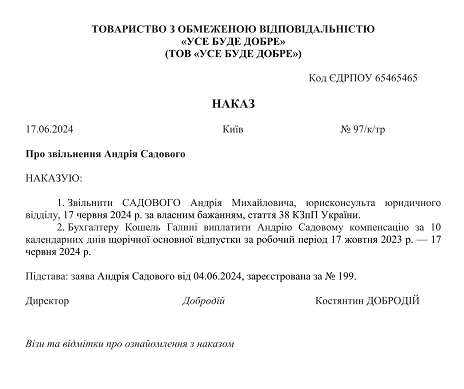 Копія наказу про звільнення – зразок
