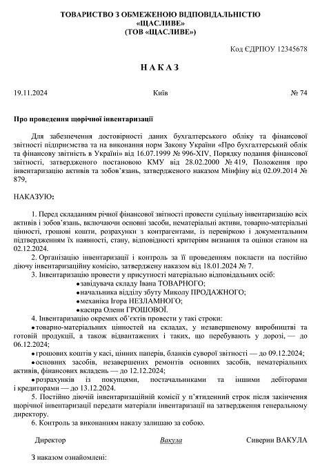 наказ про проведення інвентаризації