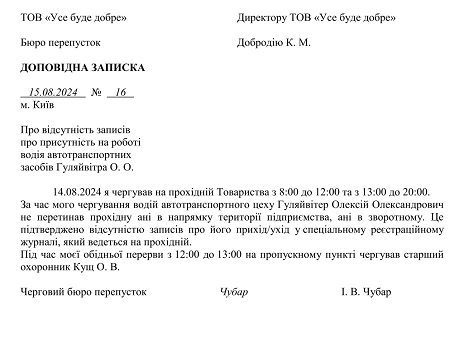 доповідна записка відсутність на роботі