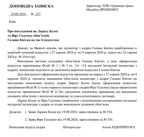 доповідна записка про виконання обов’язків