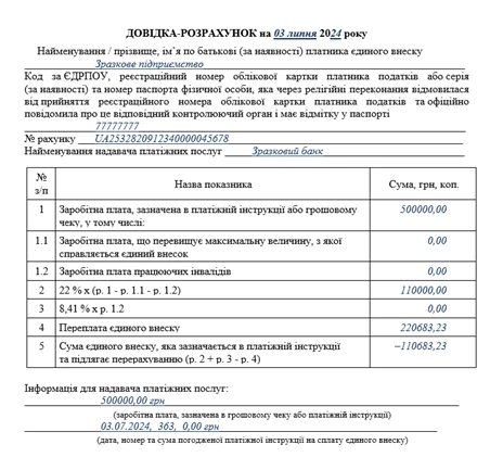 довідка розрахунок зразок заповнення