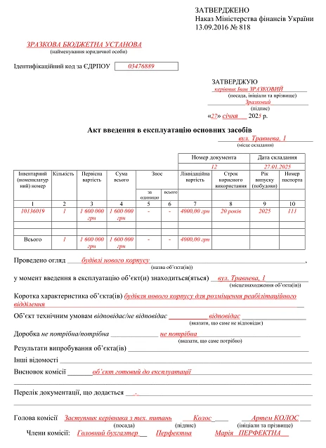 Зразок акту введення в експлуатацію основних засобів