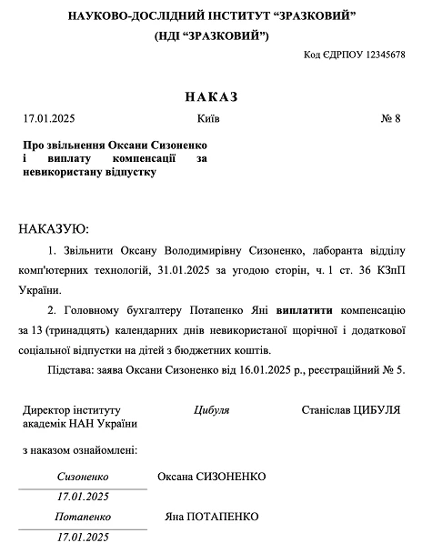 Наказ про звільнення та виплату компенсації за невикористану відпустку