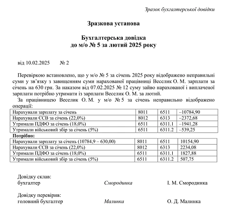 бухгалтерська довідка зразок