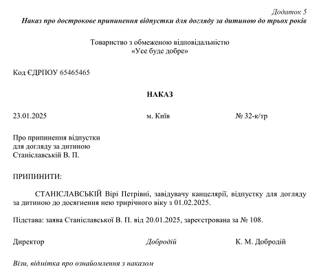 наказ про надання відпустки для догляду за дитиною