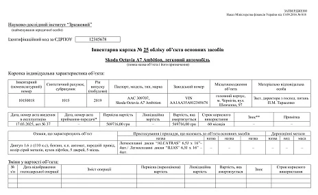 Лицьовий бік інвентарної картки обліку