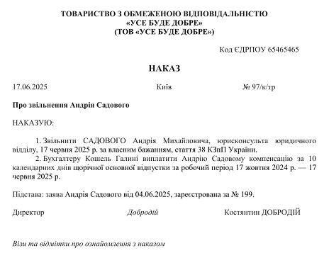 Копія наказу про звільнення – зразок