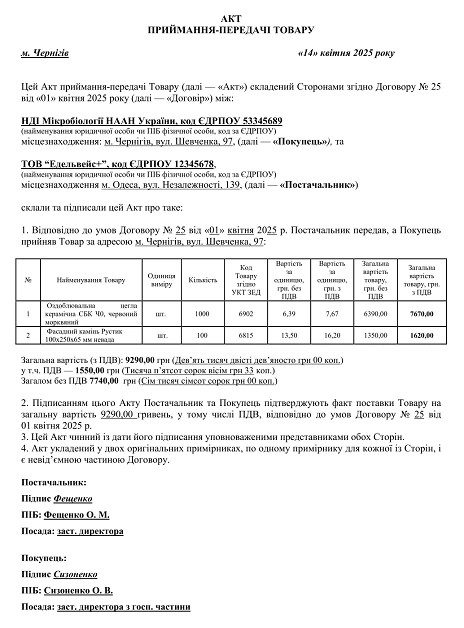 зразок складання Акту приймання-передачі товару