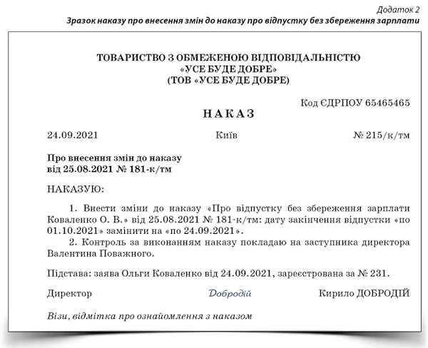 Як оформити достроковий вихід із відпустки без збереження зарплати Зразок наказу про внесення змін до наказу про відпустку без збереження зарплати