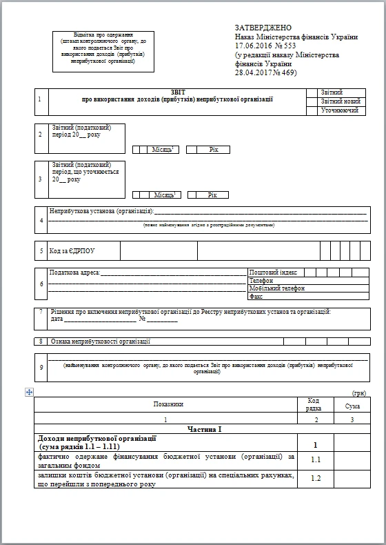 Звіт неприбуткових організацій БЛАНК Звіт неприбуткових організацій БЛАНК