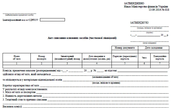 акт списання основних засобів бланк Акт списання основних засобів (часткової ліквідації) БЛАНК