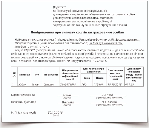 ЗРАЗОК Повідомлення про виплату коштів ФСС ЗРАЗОК Повідомлення про виплату коштів ФСС