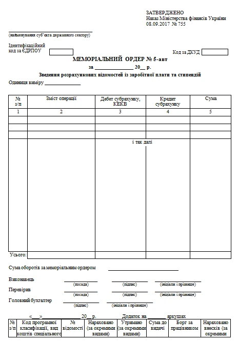 Меморіальний ордер № 5-авт бланк Меморіальний ордер № 5-авт бланк